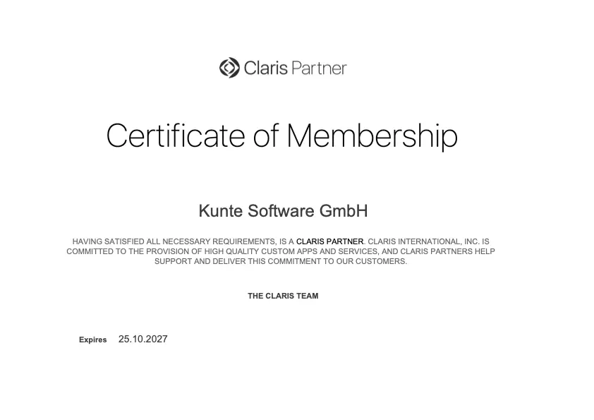 Claris Partner - Certificate of Membership Claris Partner - Certificate of Membership